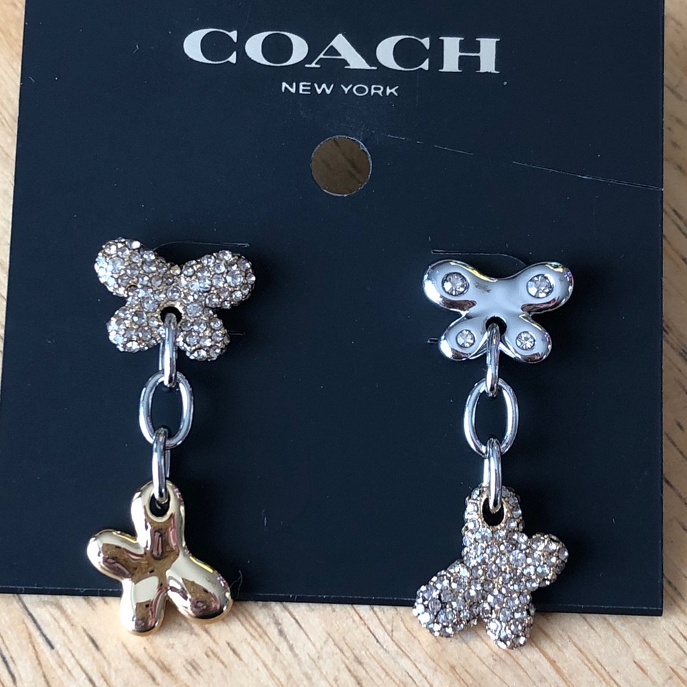 Coach Two-Tone Double Butterfly Drop Earrings Pave Crystal Accents NWT - Picture 2 of 12
